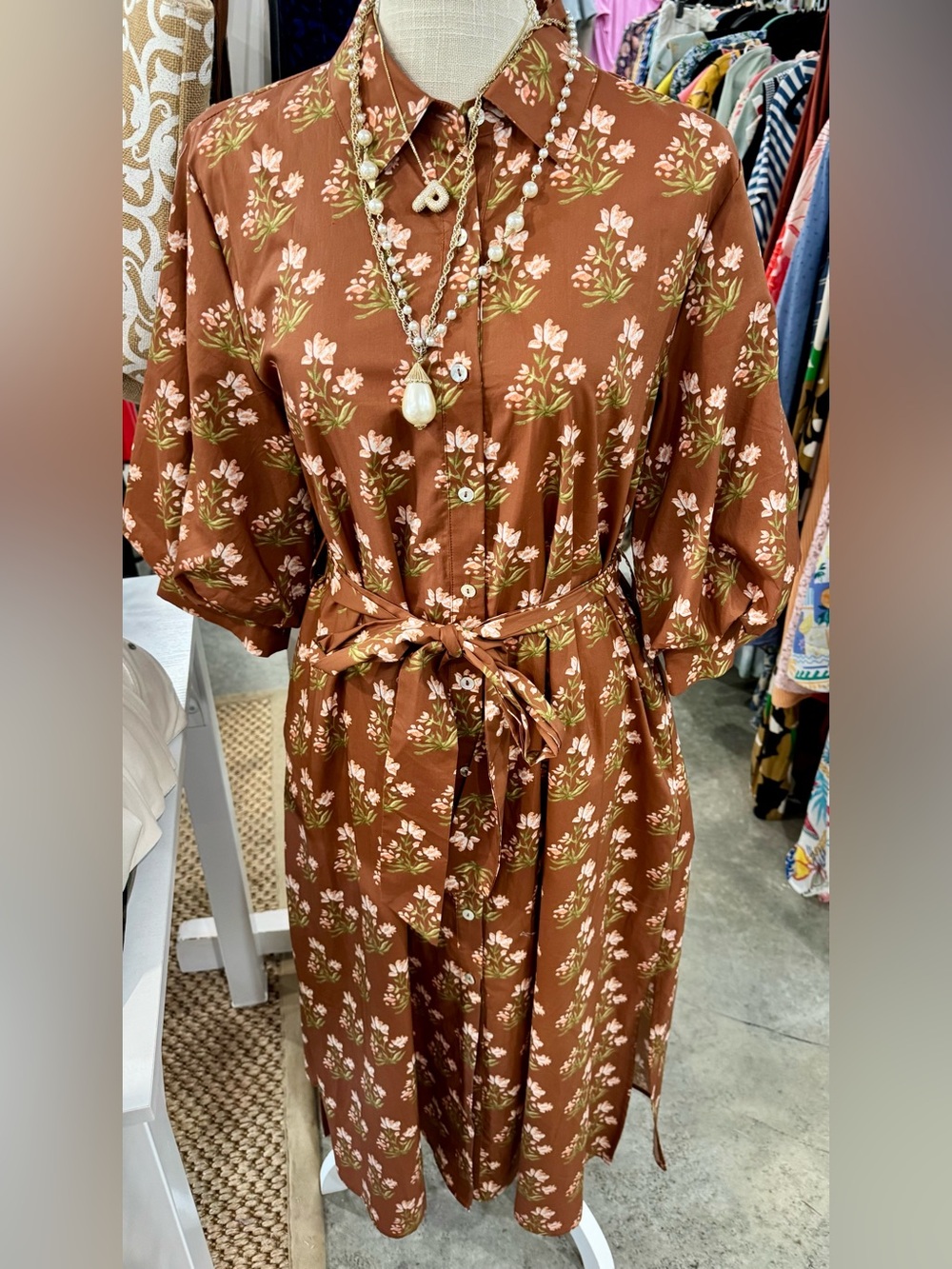 JODIFL Brown Floral Midi Shirt Dress with Tie Belt